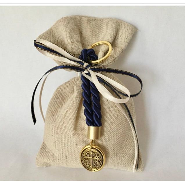 Baptism favors-10 bomponieres-burlap bag favors-keychain navy blue party favors