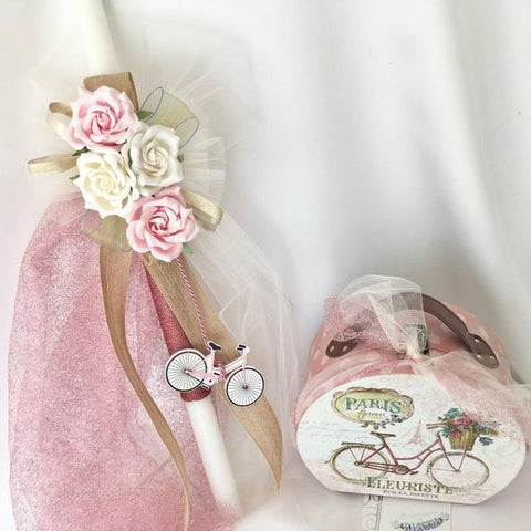 Orthodox Baptism Candles for girls-Keepsake Box-Martirika Box-Lambathes-Vintage look-bicycle lambatha-flower lambada-dusty rose