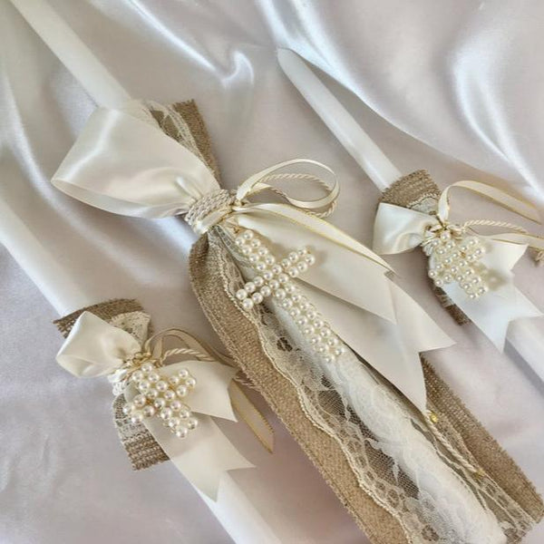 Baptism candles for girls-lambathes-Orthodox Baptism-Christening-elegant unique lambathes for Baptism-burlap-lace lambathes-PARASKEVI