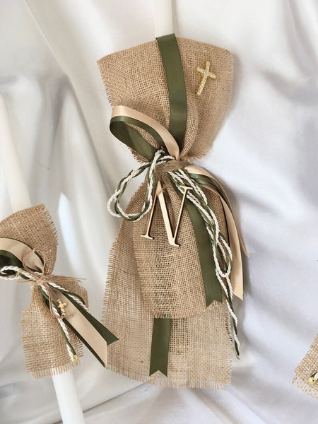 NOAH-Baptism candles-Burlap-olive green lambathes-Orthodox Baptism for boys-Baptism candles for girls