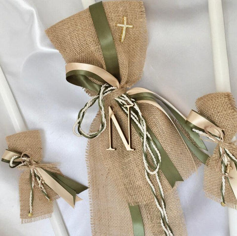 NOAH-Baptism candles-Burlap-olive green lambathes-Orthodox Baptism for boys-Baptism candles for girls