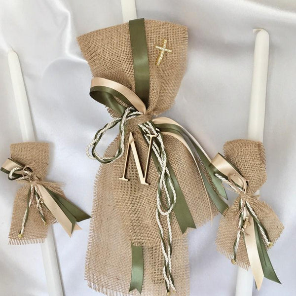 NOAH-Baptism candles-Burlap-olive green lambathes-Orthodox Baptism for boys-Baptism candles for girls