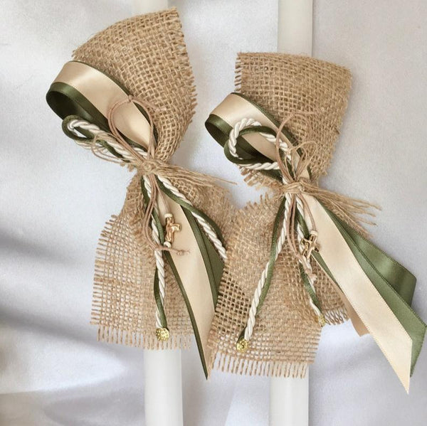 NOAH-Baptism candles-Burlap-olive green lambathes-Orthodox Baptism for boys-Baptism candles for girls