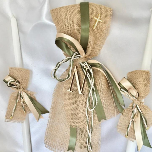 NOAH-Baptism candles-Burlap-olive green lambathes-Orthodox Baptism for boys-Baptism candles for girls