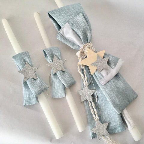 Stars Baptism candle set-Lambathes for boys-Orthodox Baptism-light blue silver lambathes-unique labades-TELEMACHUS