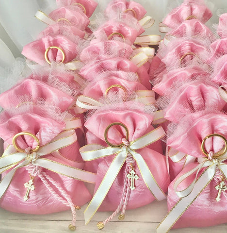 Favors-HAND MADE BAG Baptism favors for girls-Orthodox Baptism-Christening favors-Cross keychain favors-pink satin bag favor mi Bautizo