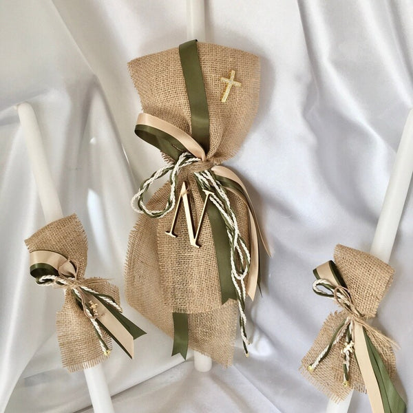 NOAH-Baptism candles-Burlap-olive green lambathes-Orthodox Baptism for boys-Baptism candles for girls