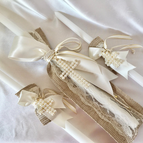 Baptism candles for girls-lambathes-Orthodox Baptism-Christening-elegant unique lambathes for Baptism-burlap-lace lambathes-PARASKEVI