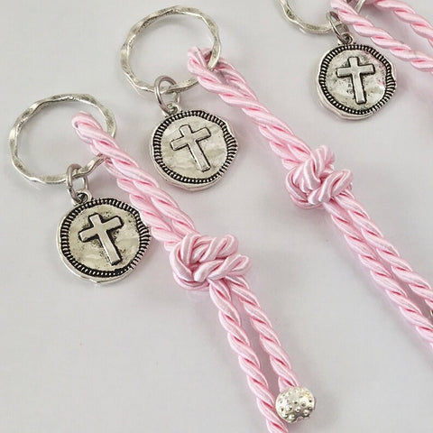 HAND MADE-10 Baptism favors for girls-bomponieres-Christening-Favors for boys-antique silver cross favors-pink cord favors-mi Bautizo Favors