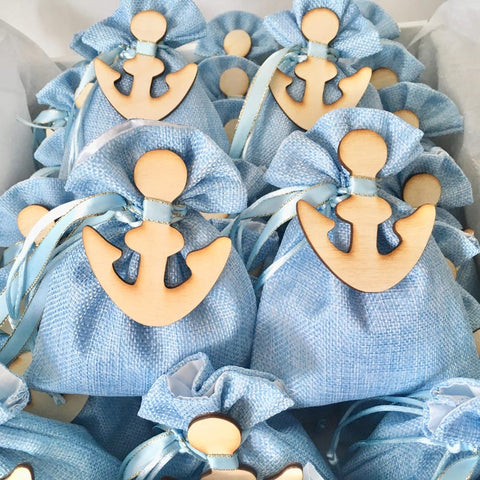 Favors-Baptism favors for boys-bomponieres-anchor favors-blue burlap bag favors-mi Bautizo